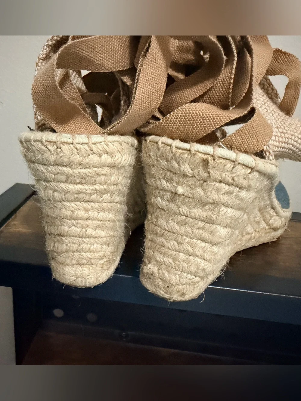 Toms Blue Canvas Espadrille Wrap Sandals with Brown Ties